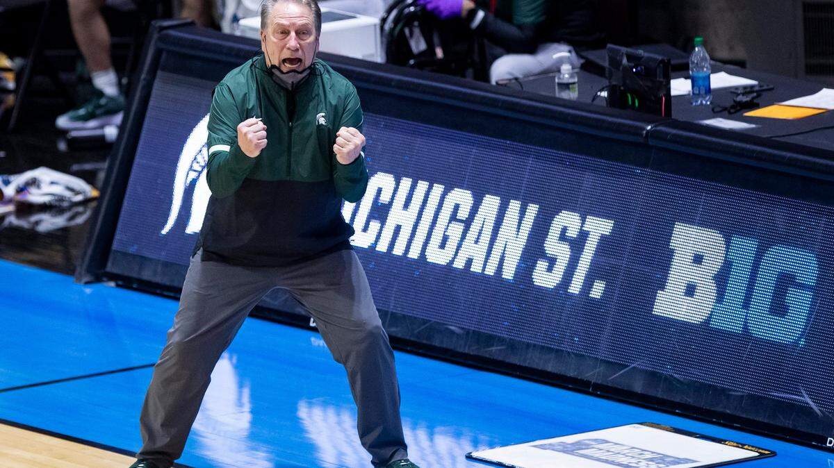 Michigan State coach Tom Izzo yells to players during the second half of a First Four game against UCLA in the NCAA men’s college basketball tournament, Friday, March 19, 2021, at Mackey Arena in West Lafayette, Ind. UCLA won 86-80. (AP Photo/Robert Franklin)