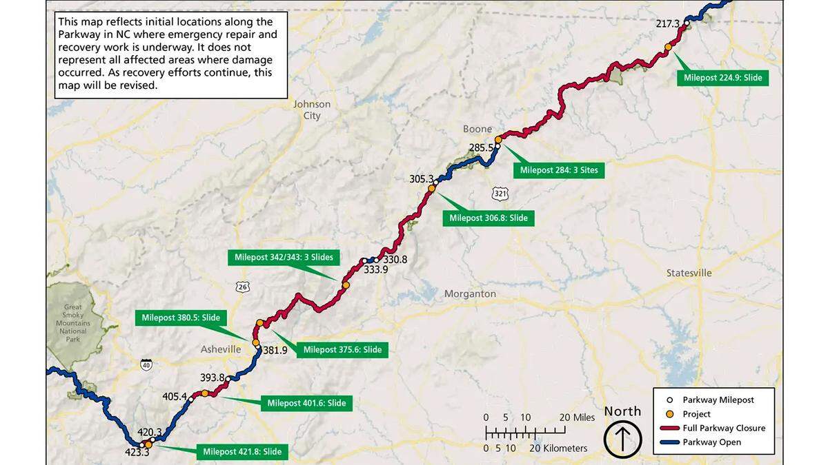More than half of the Blue Ridge Parkway remains closed in North Carolina because of damage from the remnants of Hurricane Helene. This map shows the closed sections in red as well as eight places where the National Park Service hopes to complete repairs by fall 2025.