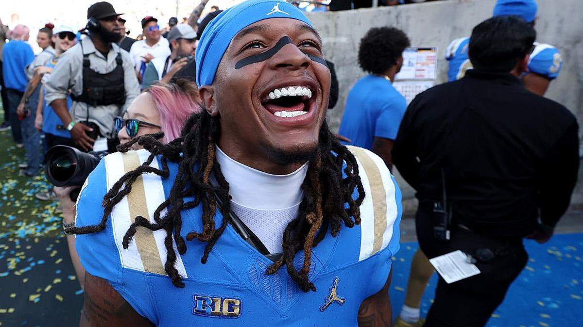 PASADENA, CALIFORNIA - OCTOBER 04: Kanye Clark #1 of the UCLA Bruins reacts after the game against the UCLA Bruins at Rose Bowl Stadium on October 04, 2025 in Pasadena, California. (Photo by Luke Hales/Getty Images)