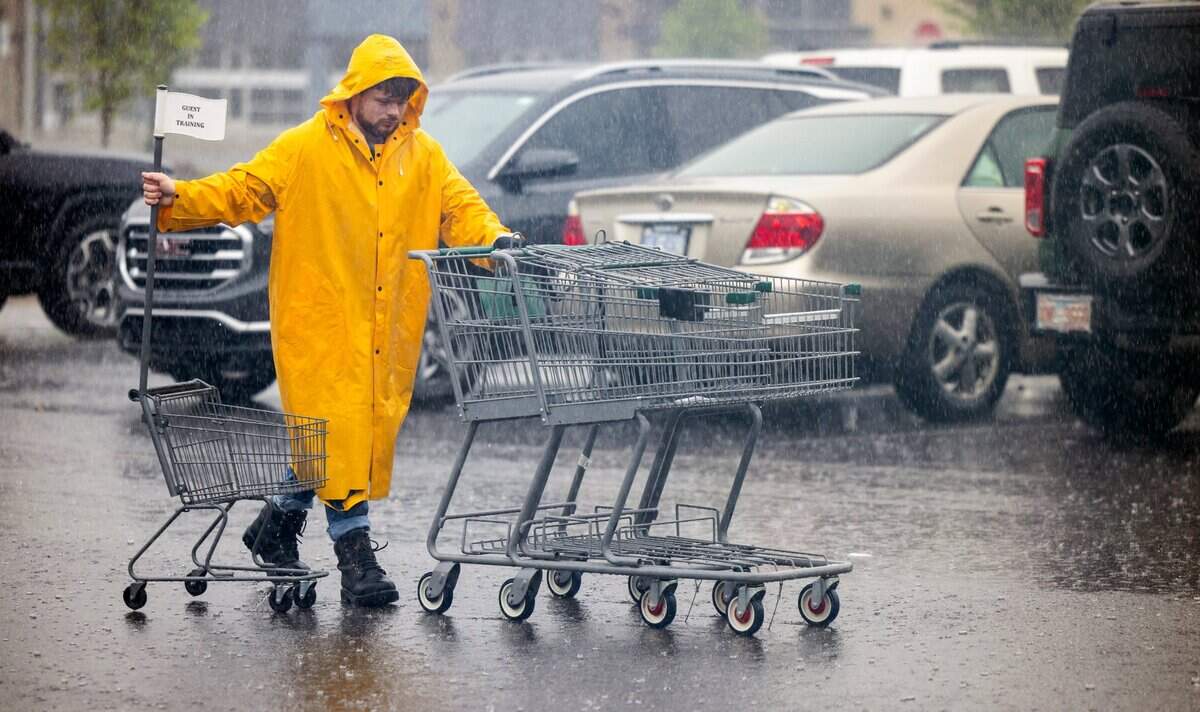 Shaun Zucker retrieves shopping carts from the Lowes Foods parking lot in a heavy downpour as remnants of Tropical Storm Chantal move across the Triangle on Sunday, July 6, 2025 in Pittsboro, N.C.