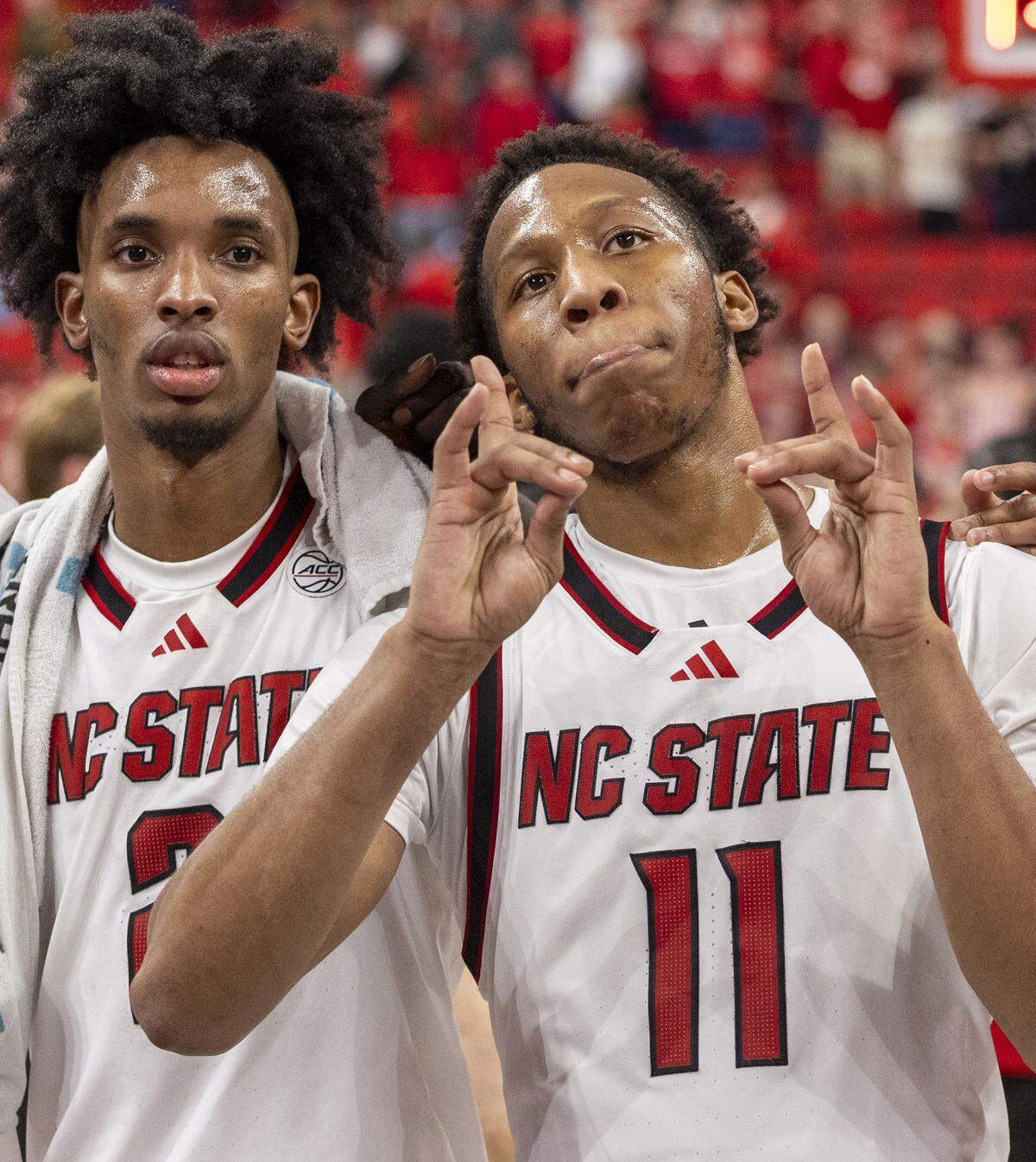 N.C. State’s Quadir Copeland (11) celebrates the Wolfpack’s 82-58 victory over North Carolina on Tuesday, February 17, 2026 at Lenovo Center in Raleigh, N.C. Copeland lead all scores with 20 points. 