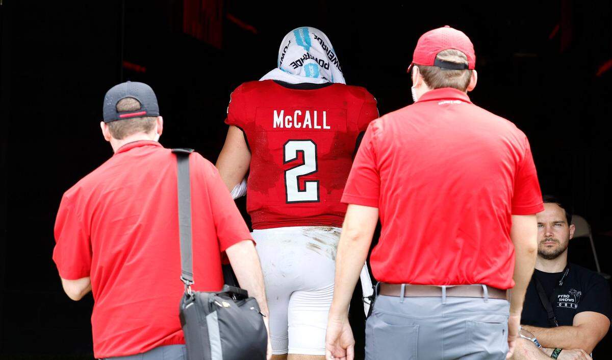 N.C. State quarterback Grayson McCall (2) walks up tunnel during the first half of N.C. State’s game against LA Tech at Carter-Finley Stadium in Raleigh, N.C., Saturday, Sept. 14, 2024.