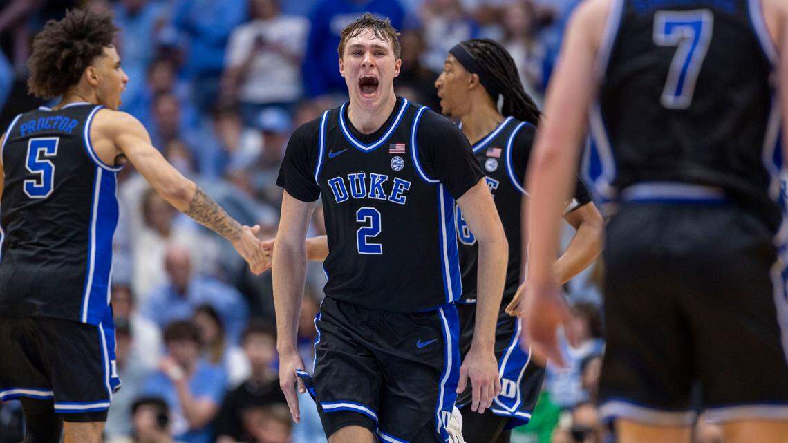 Duke’s Cooper Flagg (2) reacts after a dunk to give the Blue Devils’ an 82-67 lead against North Carolina on Saturday, March 8, 2025 at the Smith Center in Chapel Hill, N.C.