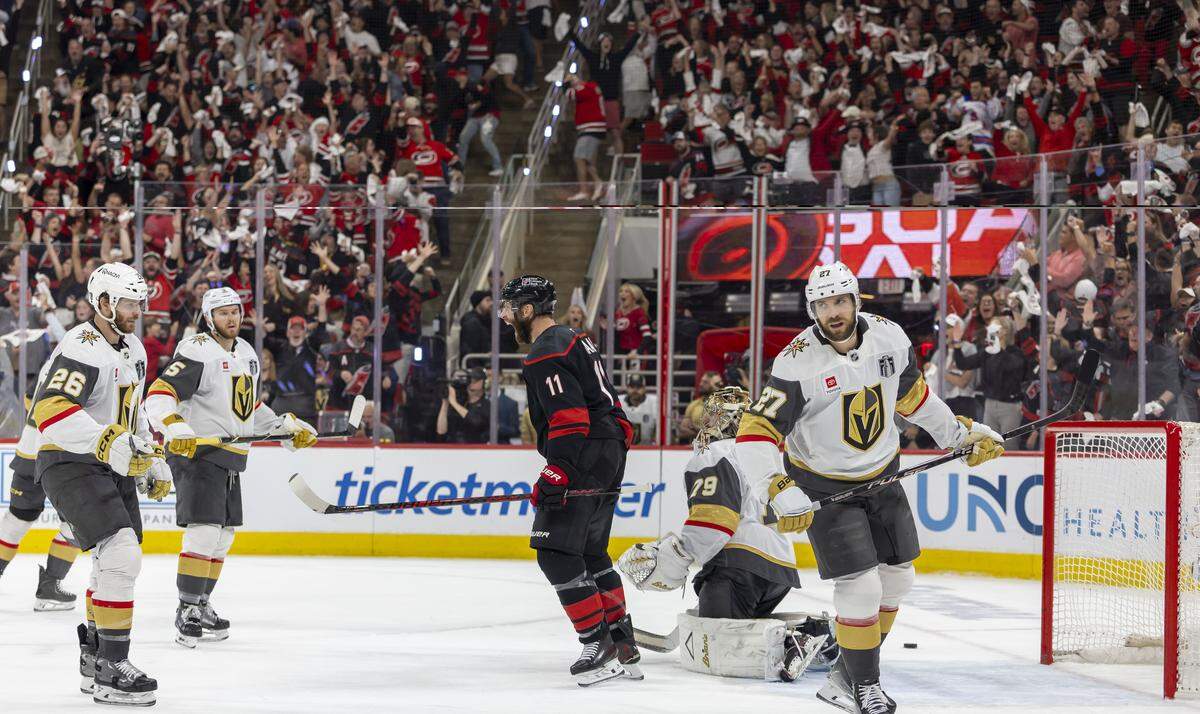Carolina Hurricanes center Jordan Staal (11) reacts after scoring to tie Vegas 3-3 in the third period in Game 2 of the Stanley Cup Final, on Thursday, June 4, 2026 at Lenovo Center in Raleigh, N.C. 