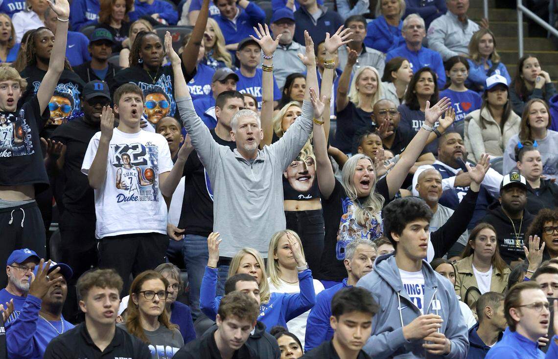 Ralph and Kelly Flagg question a call by the officials during the first half of Duke’s game against Alabama in their Elite Eight game in the 2025 NCAA Men’s Basketball Championship at the Prudential Center in Newark, N.J., Saturday, March 29, 2025.
