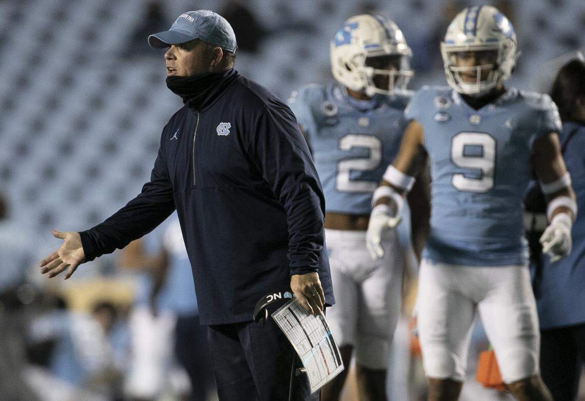 North Carolina co-defensive coordinator Jay Bateman questions a call by the officials in the fourth quarter against Notre Dame on Friday, November 27, 2020 at Kenan Stadium in Chapel Hill, N.C.