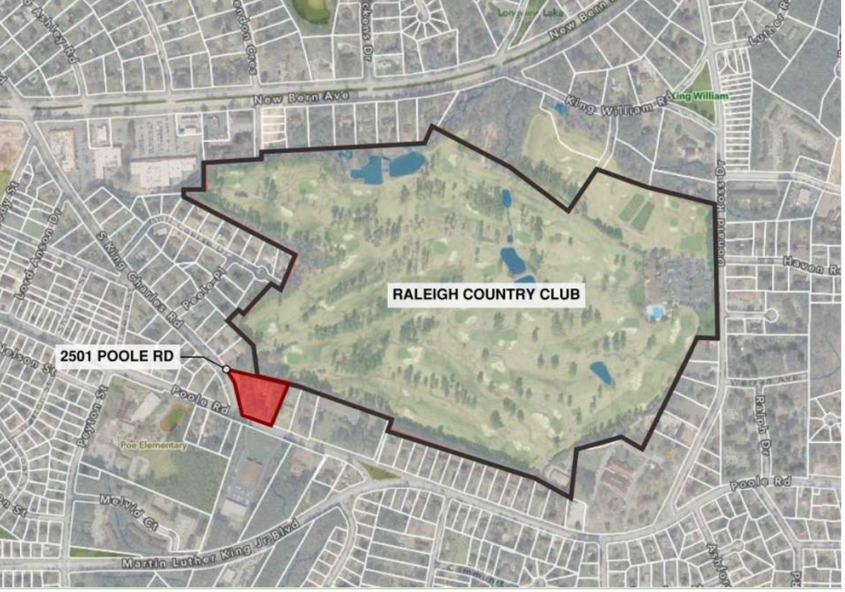 A map of Raleigh Country Club and a proposed 16-unit townhome development at 2501 Poole Rd. in Raleigh’s King Charles neighborhood.