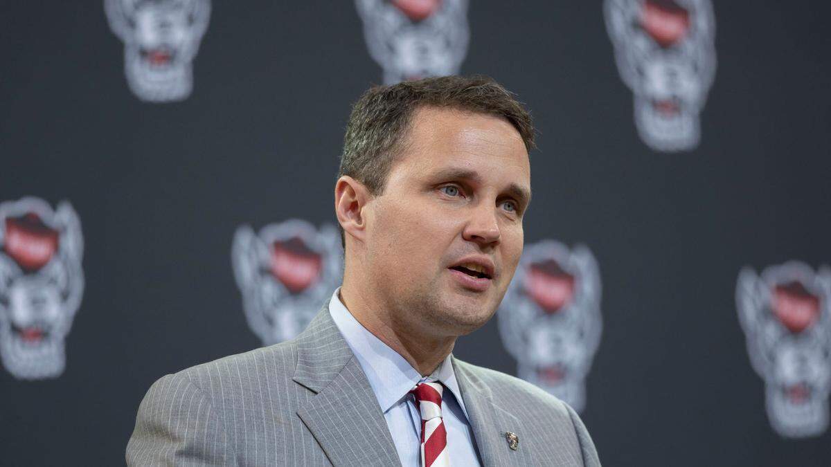 N.C. State men’s basketball coach Will Wade addresses a private gathering after being introduced as the new coach on Tuesday, March 25, 2025 at Reynolds Coliseum in Raleigh, N.C.