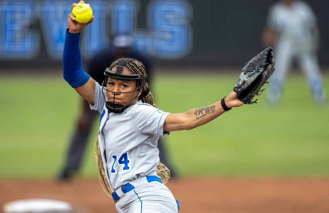Duke pitcher Jana Wright (14) works from the mound in the fourth inning against Morgan State during the NCAA Softball Regional at Duke Softball Stadium on Friday, May 17, 2024 in Durham, N.C.