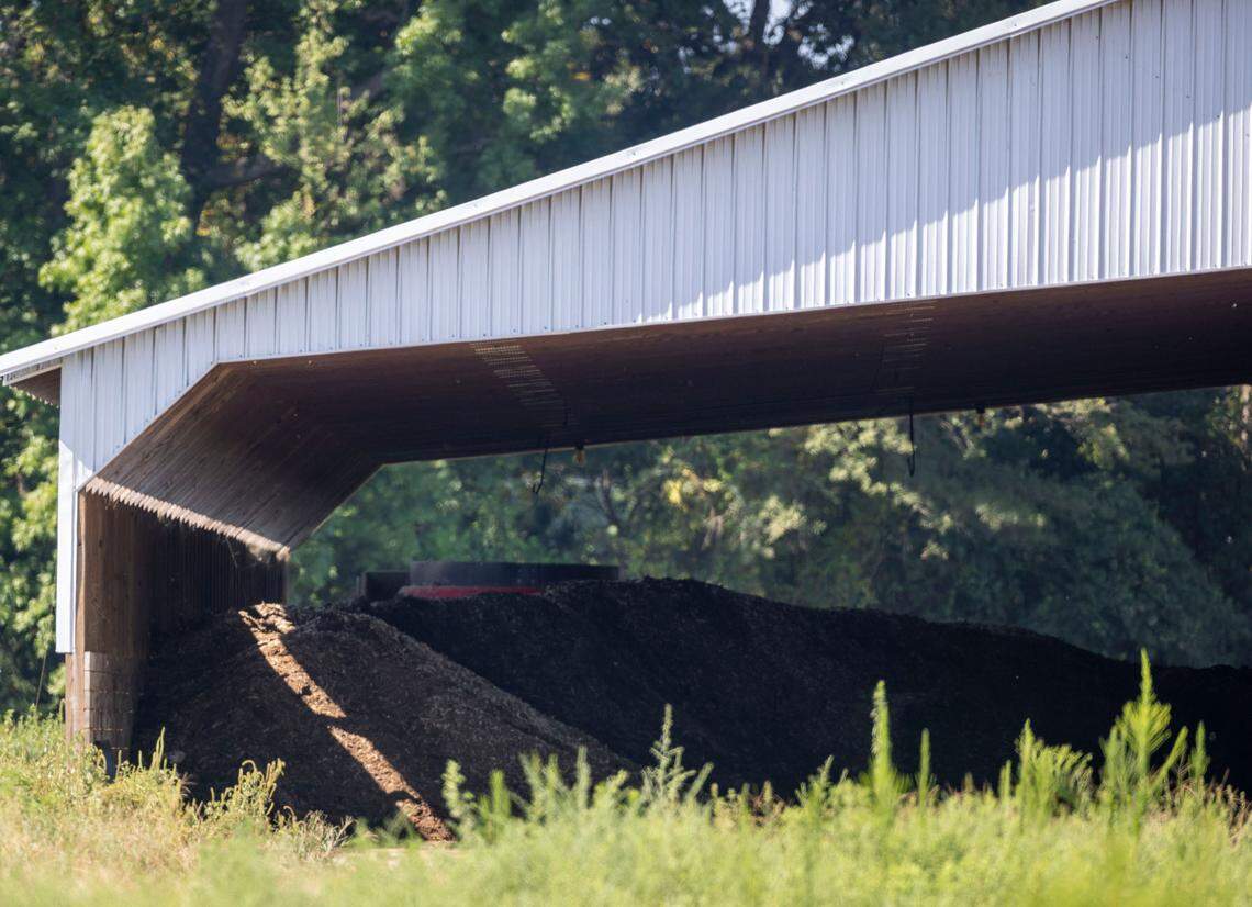 Poultry waste is stored in a covered building on a 48-barn farm near Lumber Bridge.