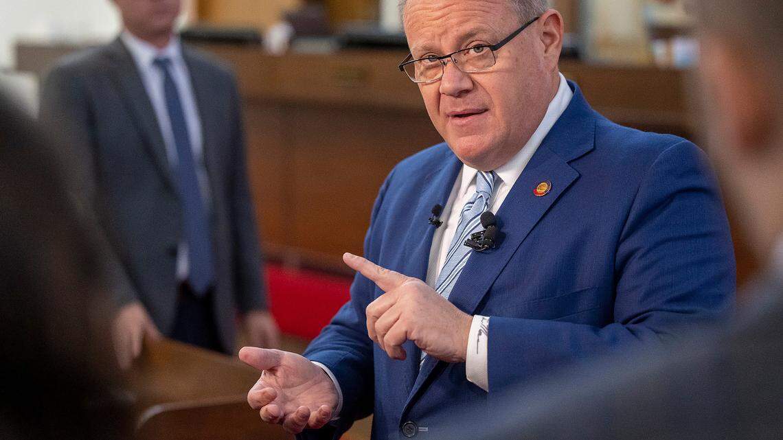 House Speaker Tim Moore talks with journalists after gaveling the house into recess on Tuesday morning, September 19. 2023 in Raleigh, N.C. Moore said he expected a vote on the state budget this week.