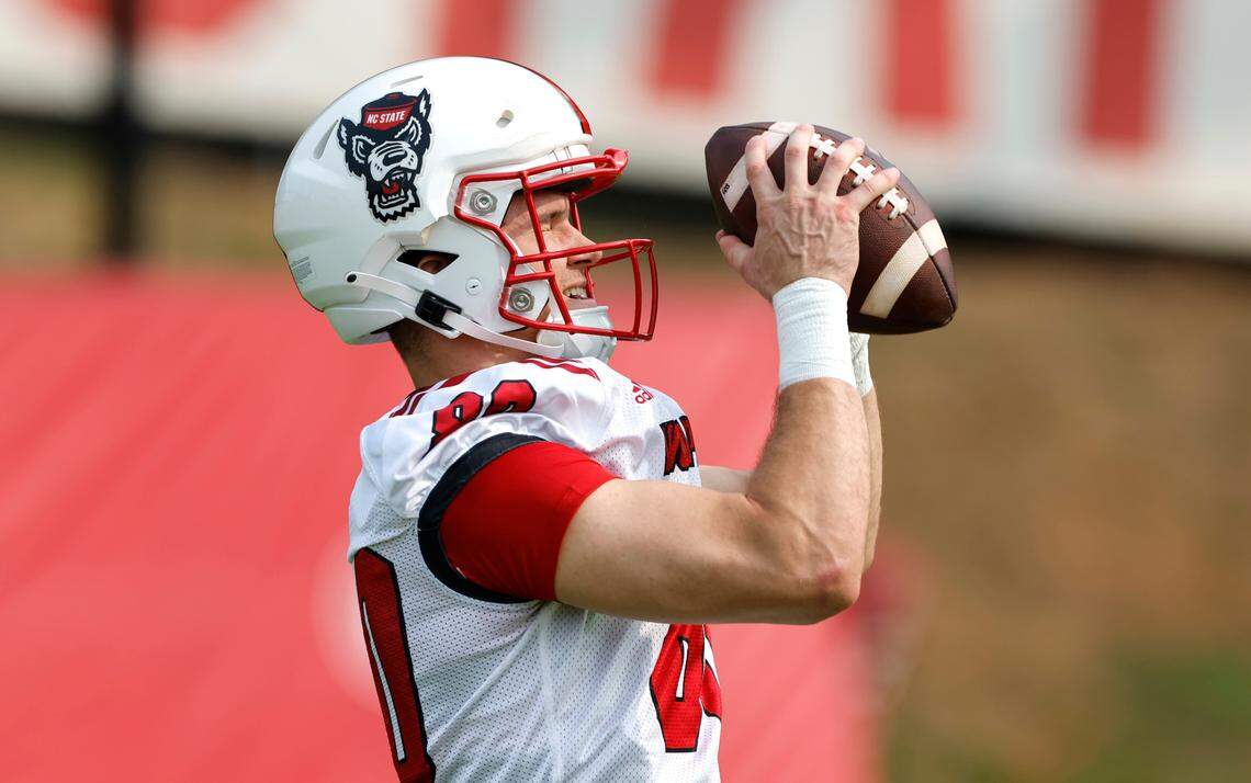N.C. State wide receiver Bradley Rozner (80) pulls in a pass during the Wolfpack’s first fall practice in Raleigh, N.C., Wednesday, August 2, 2023.