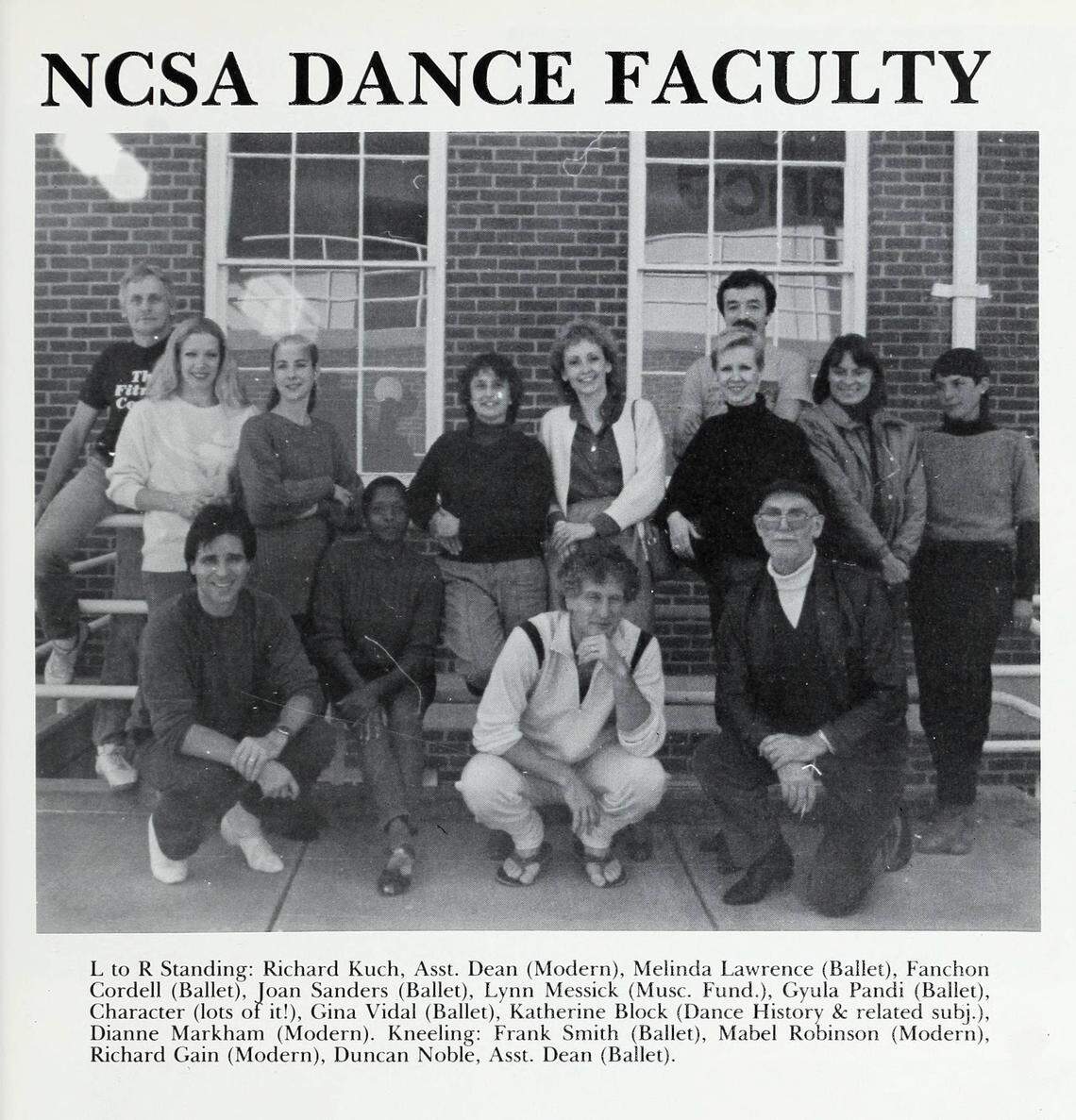 A page from the 1986 North Carolina School of the Arts yearbook with a dance faculty photo which includes Richard Kuch, top left, and Richard Gain, bottom center.