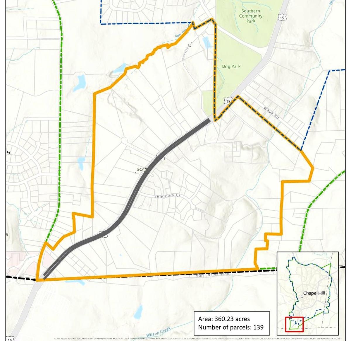 Orange County governments and the Orange Water and Sewer Authority extended the potential for water and sewer service to a 360-acre area (outlined in orange) south of the Chapel Hill town limits in 2023.
