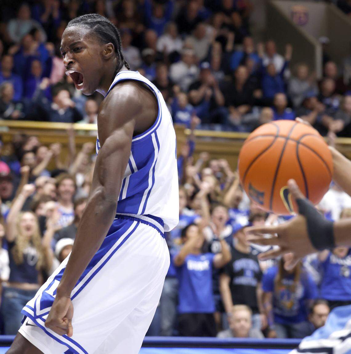 Duke’s Dame Sarr (7) celebrates after slamming in two in the second half of Duke’s 100-62 victory over Indiana State at Cameron Indoor Stadium in Durham, N.C., Friday, Nov. 14, 2025.