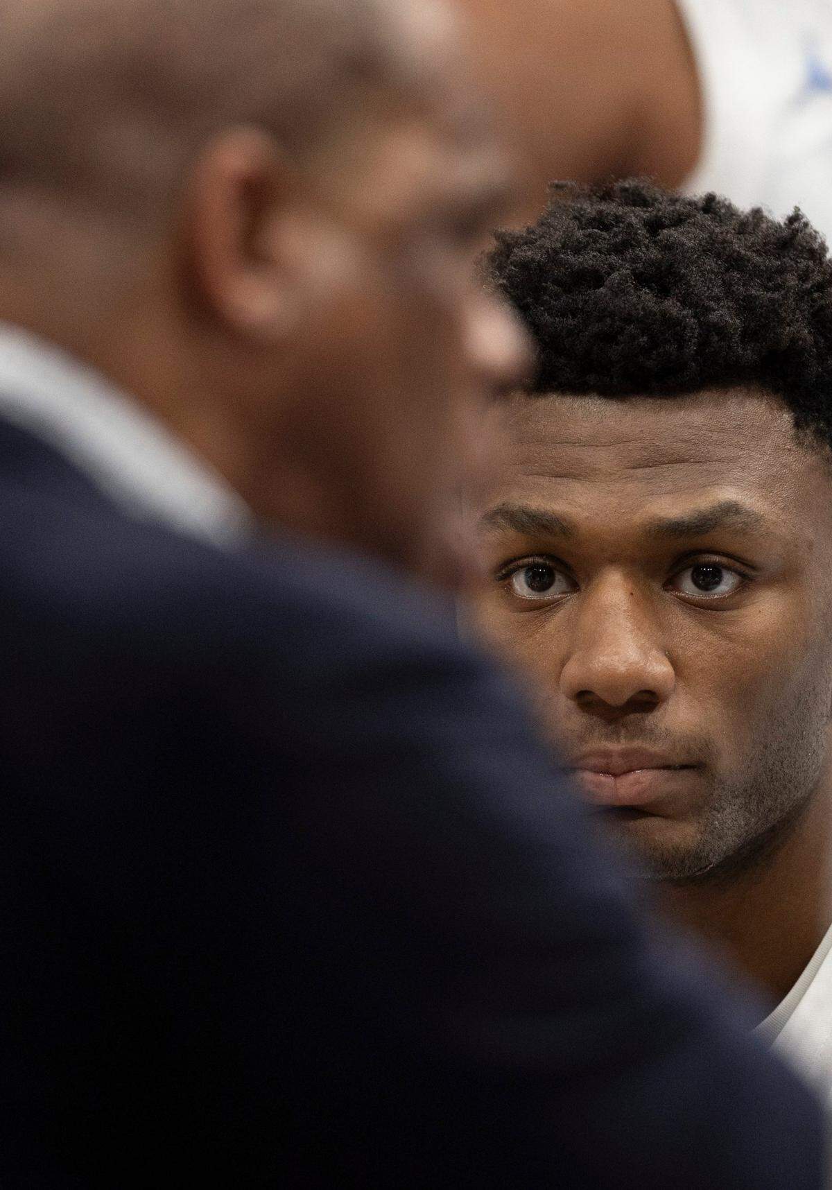 North Carolina’s Jalen Washington (13) listens to coach Hubert Davis during a time out in the first half against Florida State in the quarterfinals of the ACC Men’s Basketball Tournament at Capitol One Arena on Wednesday, March 13, 2024 in Washington, D.C.
