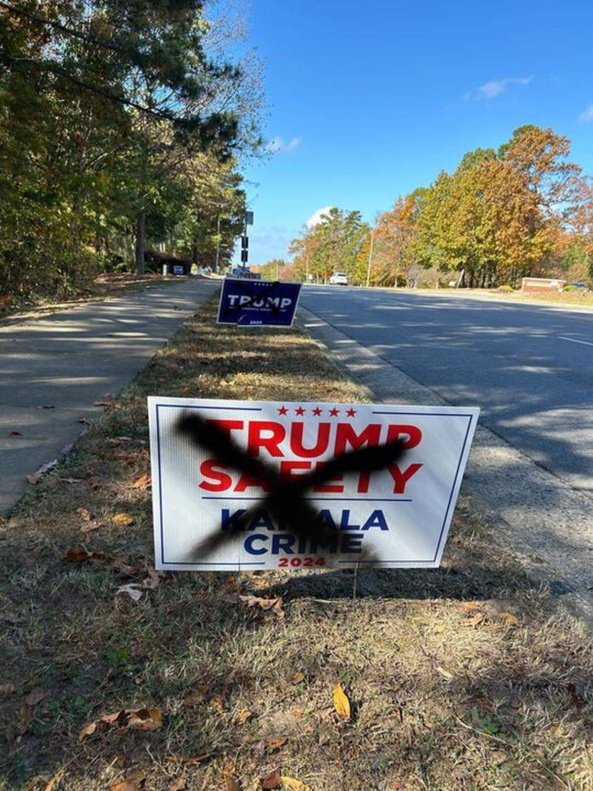 Trump signs were vandalized outside Bond Park on High House Road in Cary on Nov. 5.