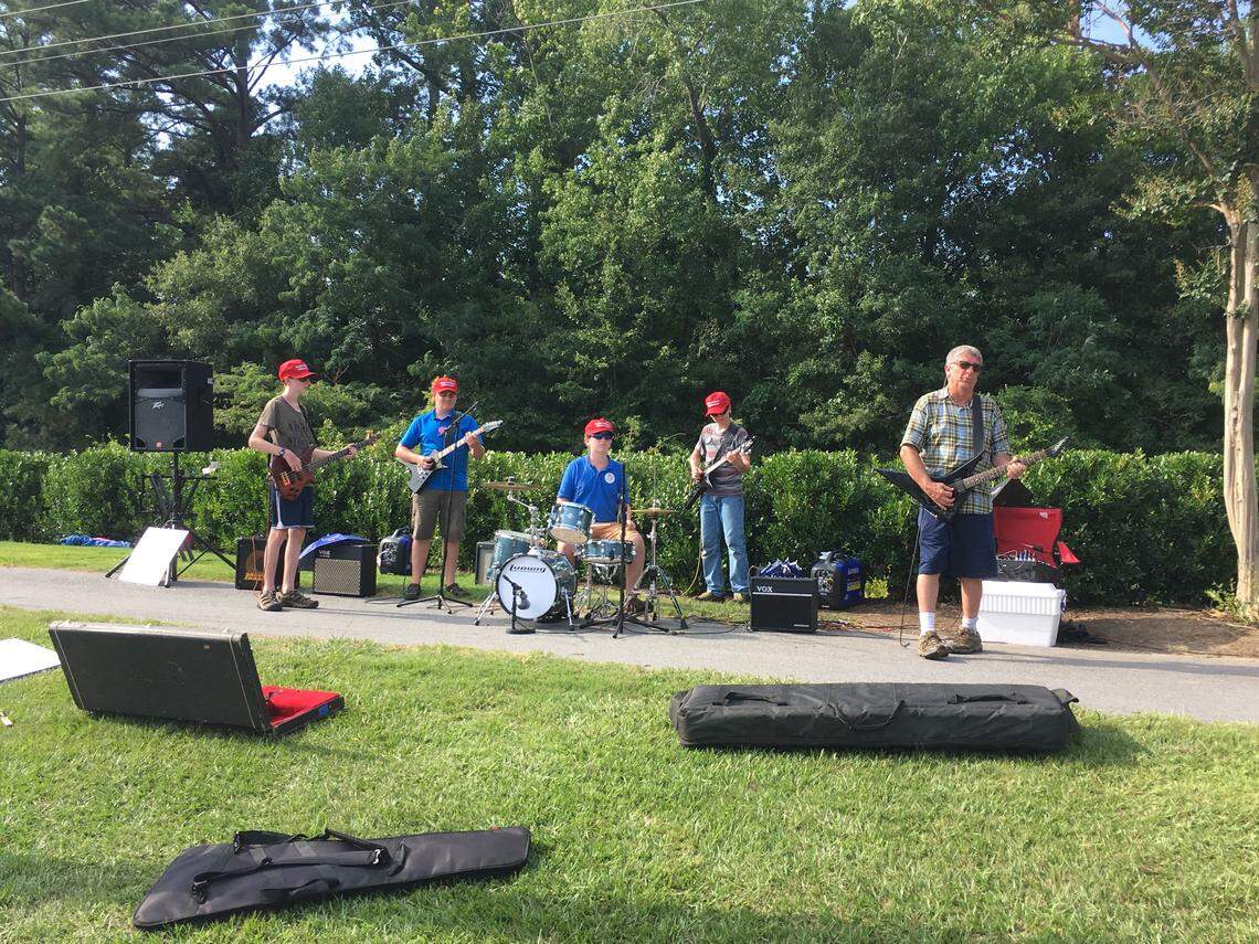 A rock band made up of a father and his four sons sang a song called “CNN Sucks” at President Donald Trump’s campaign rally in Greenville, North Carolina, on July 17, 2019.