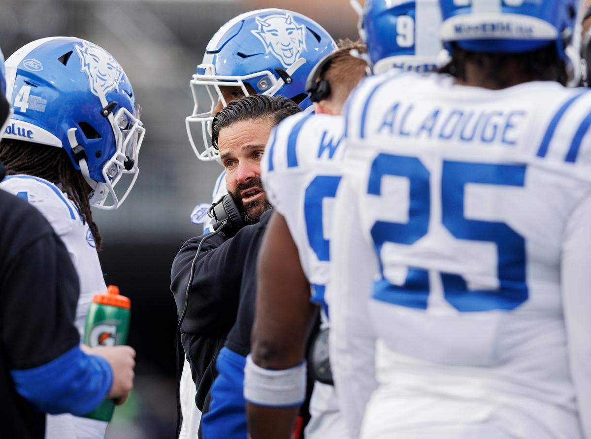 Duke head coach Manny Diaz gives instructions during the second half of the Blue Devils’ 23-17 win over Wake Forest at Allegacy Stadium on Saturday, Nov. 30, 2024, in Winston-Salem, N.C.