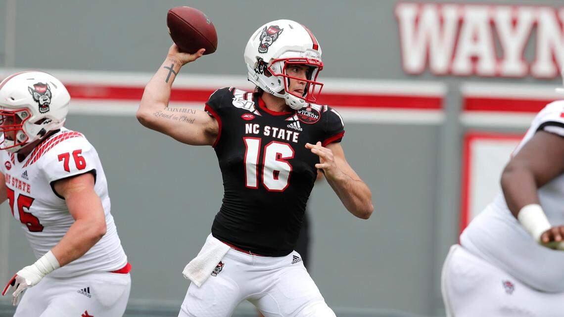 N.C. State quarterback Aaron McLaughlin (16) passes during the first half of N.C. State footballs spring game at Carter-Finley Stadium in Raleigh, N.C., Saturday, April 10, 2021.