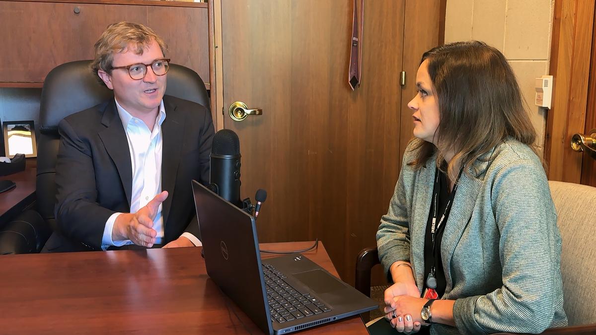 N.C. Sen. Benton Sawrey, left, a Johnston County Republican, talks with News & Observer Capitol Bureau Chief Dawn Vaughan, right, during a recording of the Under the Dome politics podcast in his office at the Legislative Building in Raleigh.