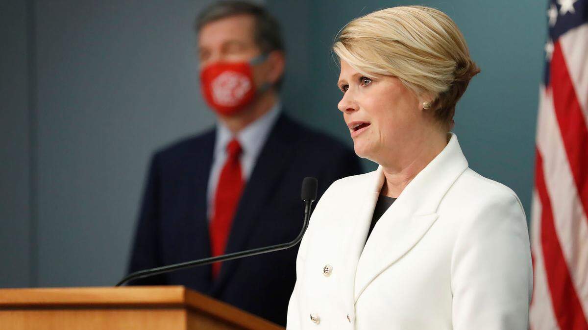 N.C. Department of Public Instruction Superintendent Catherine Truitt speaks during a briefing at the Emergency Operations Center in Raleigh, N.C., Tuesday, February 2, 2021.