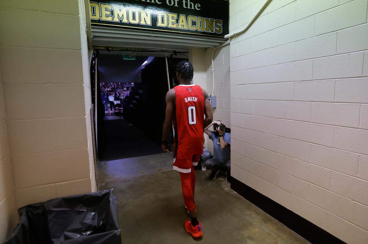 N.C. State’s Terquavion Smith (0) heads out onto the court before N.C. State’s game against Wake Forest at Joel Coliseum in Winston-Salem, N.C., Saturday, Jan. 28, 2023.