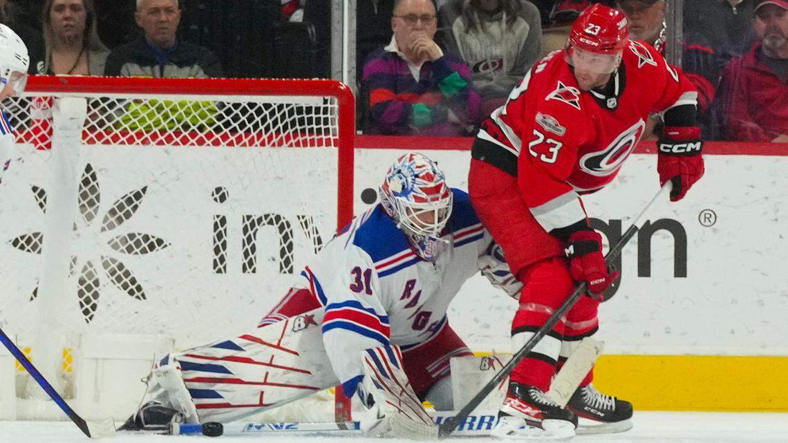 New York Rangers goaltender Igor Shesterkin (31) stops the shot attempt by Carolina Hurricanes right wing Stefan Noesen (23) during the second period at PNC Arena.