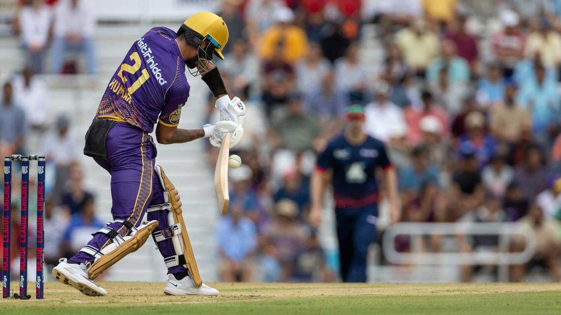 Nitish Kumar (21) of the Los Angeles Knight Riders, bats against the Washington Freedom during their match on Thursday, July 20, 2023 at Church Street Park in Morrisville, N.C. Washington defeated Los Angeles by six wickets.