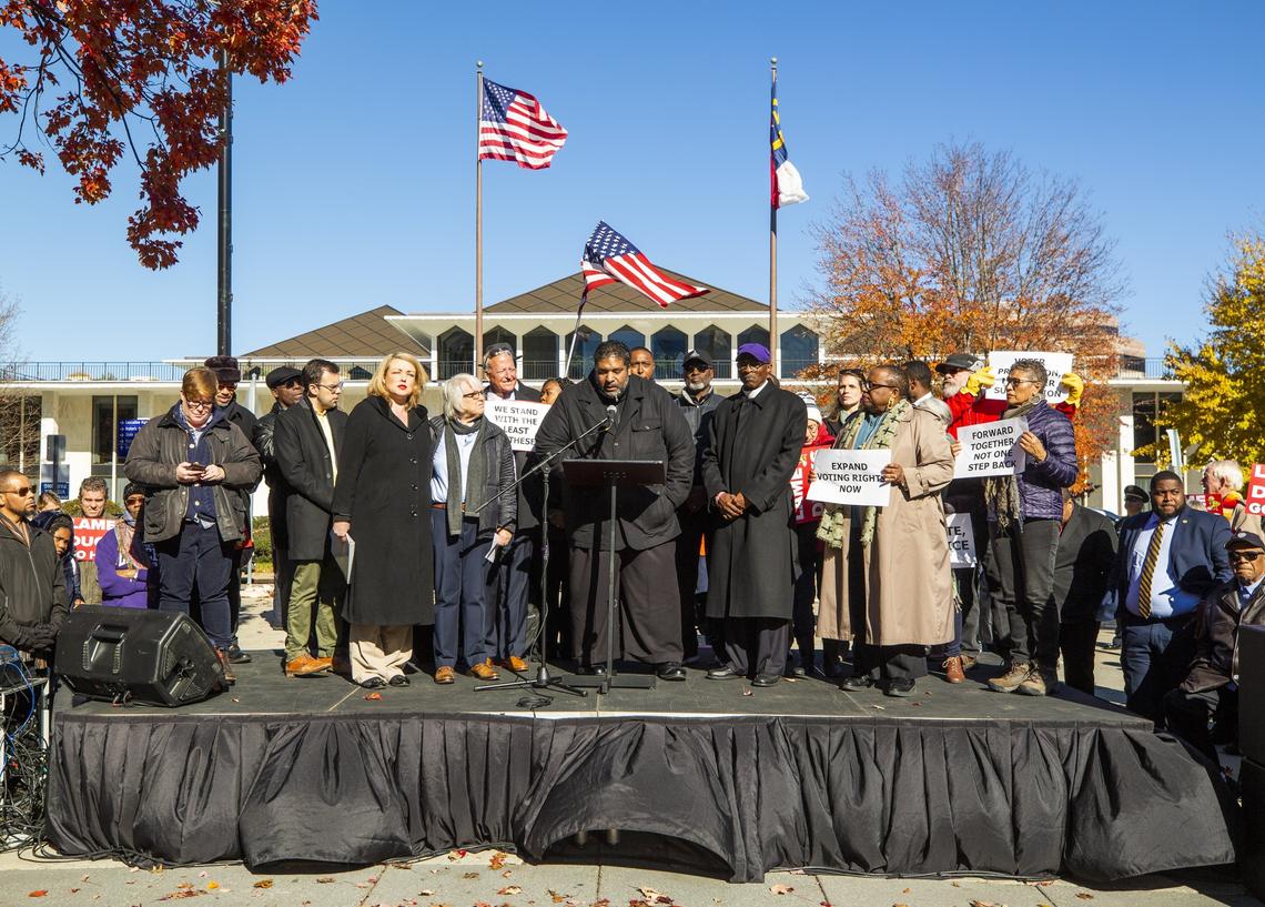Former NC NAACP President Rev. William Barber speaks during a Moral Day of Action event at Bicentennial Plaza on Nov. 27, 2018, in Raleigh, NC.