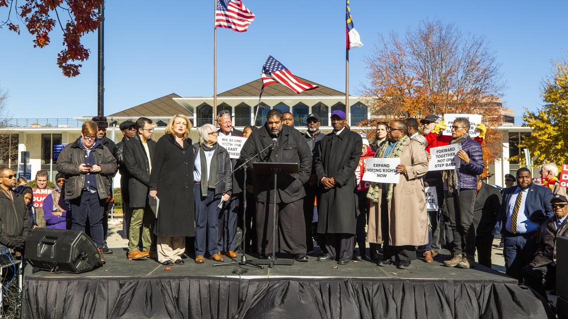 Former NC NAACP President Rev. William Barber speaks during a Moral Day of Action event at Bicentennial Plaza on Nov. 27, 2018, in Raleigh, NC.