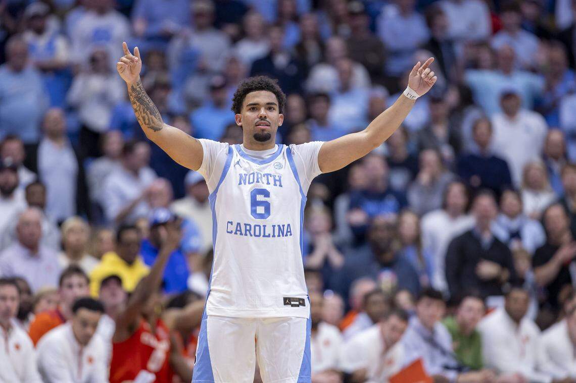 North Carolina guard Elijah Davis (6), inserted into the game for the final seconds of play on ‘Senior Night’ reacts as the Tar Heels defeat Clemson 67-63 on Tuesday, March 3, 2026 at the Smith Center in Chapel Hill, N.C.