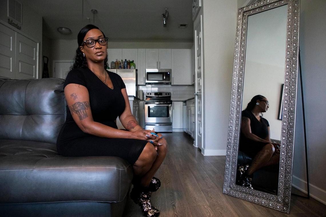 Kenita Stubbs sits for a portrait after an interview about grieving the death of her 15-year-old son Michael Harris who was fatally shot early Sunday morning, Aug. 23, 2020, in Durham, N.C., on Thursday, Sep. 3, 2020, in Morrisville, N.C.