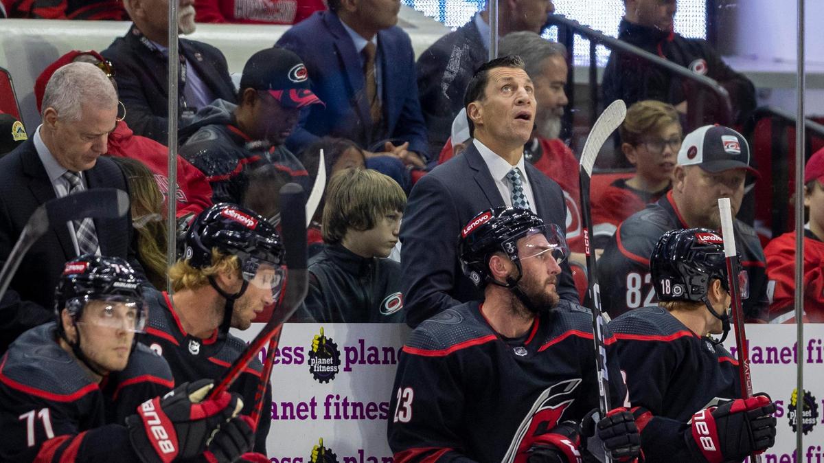 Carolina Hurricanes’ coach Rod Brind’Amour checks the replay after a goal by Ottawa’s Mathieu Joseph in the first period on Wednesday, October 11, 2023 at PNC Arena, in Raleigh N.C.
