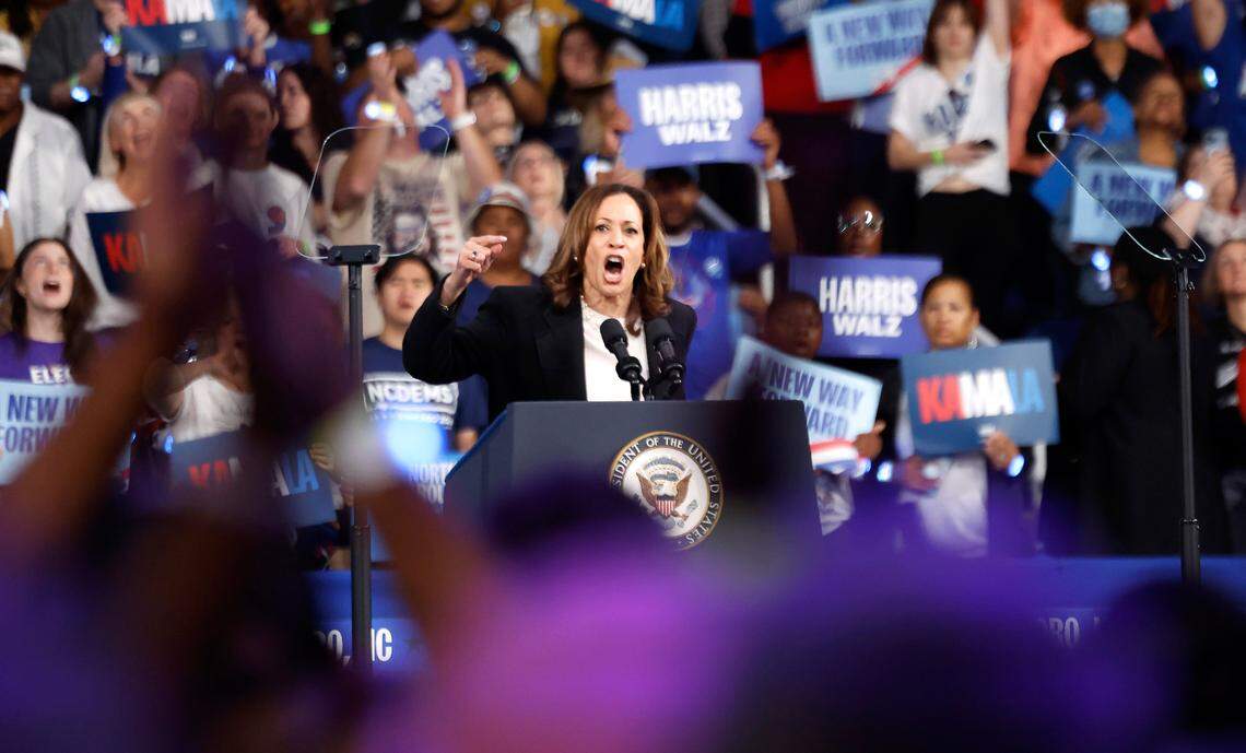 Vice President and democratic nominee for president Kamala Harris speaks during a rally at the Greensboro Coliseum in Greensboro, N.C., Thursday, Sept. 12, 2024.
