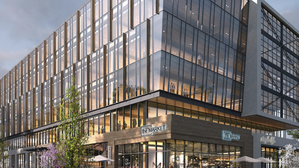 Renderings of a mixed-use project proposed by Heritage Capital Partners, a real estate private equity company with offices in Raleigh and Charleston, South Carolina. Plans include a “live, work, play” complex on a vacant 46-acre site along N.C. Highway 55.