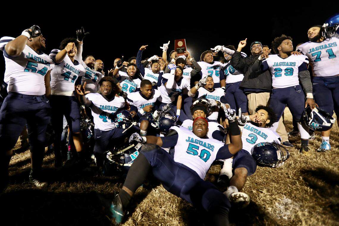 The Northampton County High School Jaguars celebrate reaching the State Championship following their 20-12 victory over North Edgecombe High School in the semifinals of the North Carolina 1A High School Football Playoffs in Tarboro, N.C. on December 6, 2019.