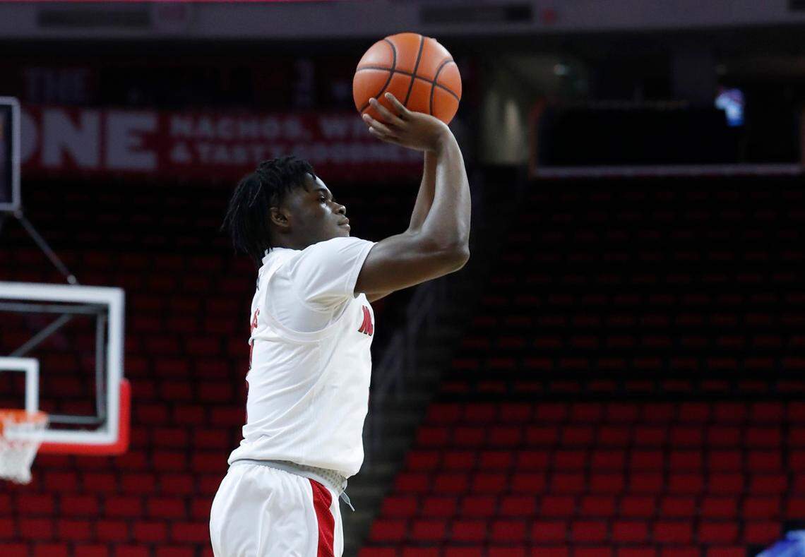 N.C. State’s Cam Hayes (3) shoots during the second half of N.C. State’s 79-76 victory over Boston College at PNC Arena in Raleigh, N.C., Wednesday, December 30, 2020.