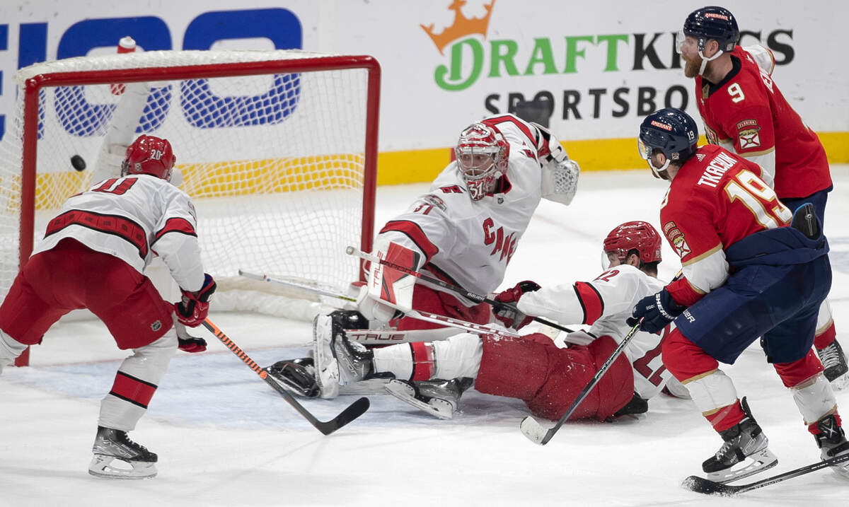 The Florida Panthers Matthew Tkachuk (19) scores the game winning goal on Carolina Hurricanes goalie Frederik Andersen (31) with five seconds to play in the third period to secure a 4-3 victory and clinch the Eastern Conference Finals on Wednesday, May 24, 2023 at FLA Live Arena in Sunrise, Fla.