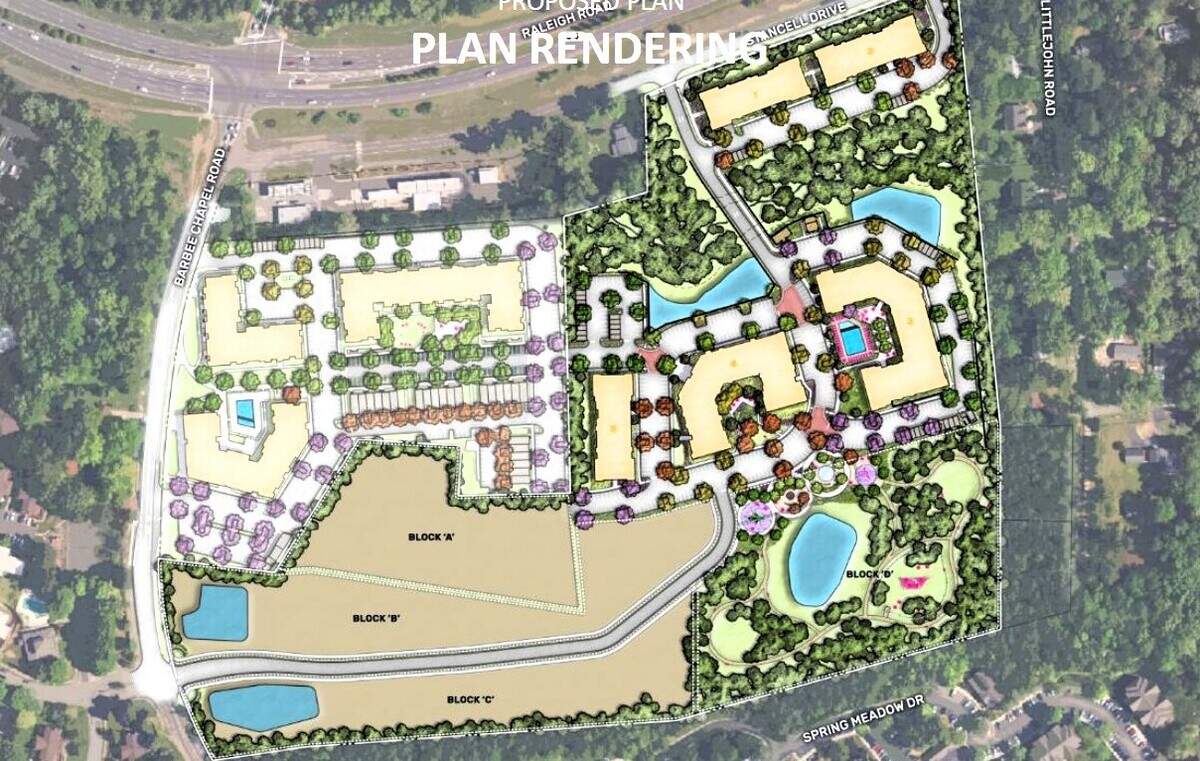 A site plan shows how Hillmont and Barbee Chapel Apartments will fill in the roughly 46 acres between Barbee Chapel Road, Stancell Drive and N.C. 54 near Meadowmont.