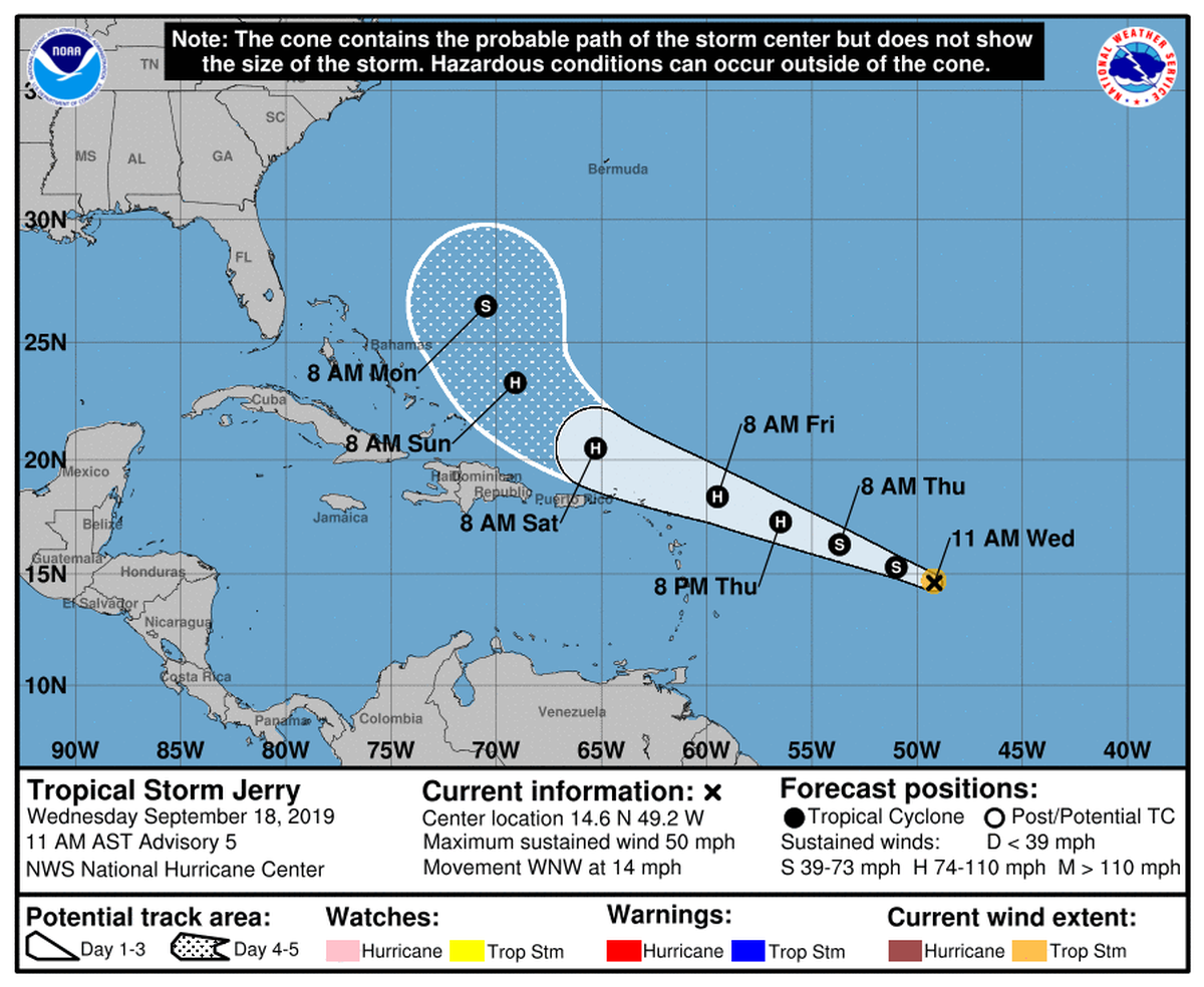 Tropical Storm Jerry could strengthen into a hurricane in the coming days, forecasters say.