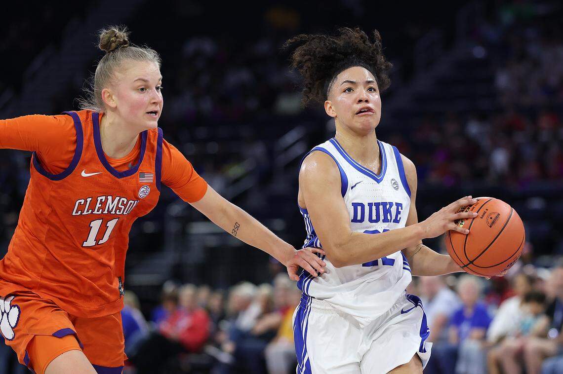 Taina Mair (22) of the Duke Blue Devils drives against Rusne Augustinaite of the Clemson Tigers during the second quarter of their Women’s ACC Tournament quarterfinal at Gas South Arena on March 6, 2026 in Duluth, Georgia.
