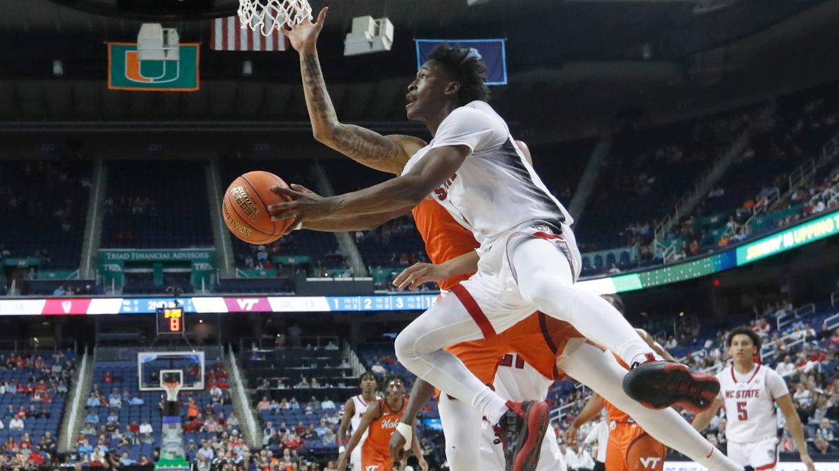 N.C. State’s Jarkel Joiner (1) drives to the basket during N.C. State’s 97-77 victory over Virginia Tech in the second round of the ACC Men’s Basketball Tournament in Greensboro, N.C., Wednesday, March 8, 2023.