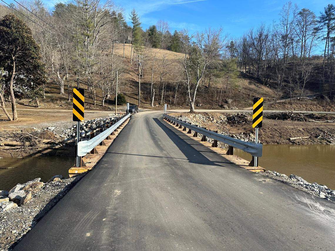 The Hobson Branch Road bridge over Ivy Creek in northern Buncombe County, made from two railroad flatcars welded together side-by-side.
