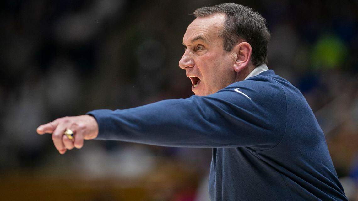 Duke coach Mike Krzyzewski directs his team on offense in the second half against Appalachian State on Wednesday, Thursday 16, 2021 at Cameron Indoor Stadium in Durham, N.C.