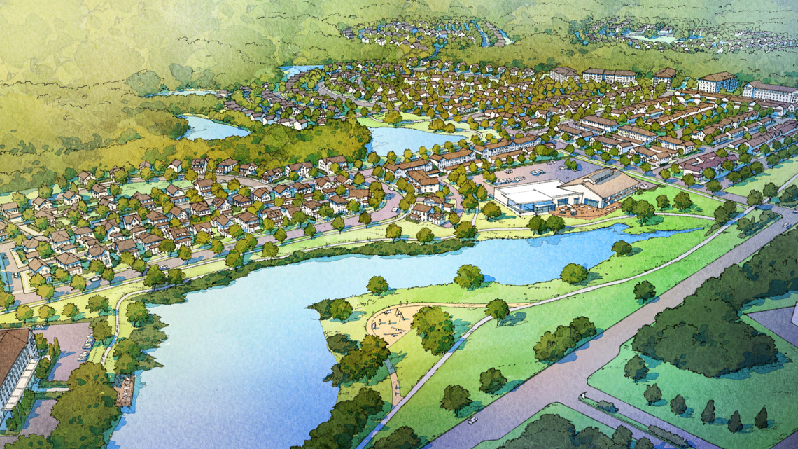An aerial rendering of Reeves Farm, a 1,500-unit development proposed for the west side of Pittsboro in Chatham County.