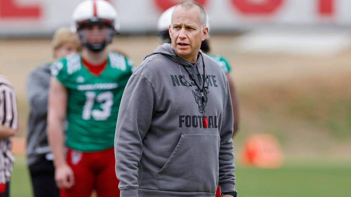N.C. State head coach Dave Doeren watches during the Wolfpack’s first spring practice in Raleigh, N.C., Wednesday, March 1, 2023.