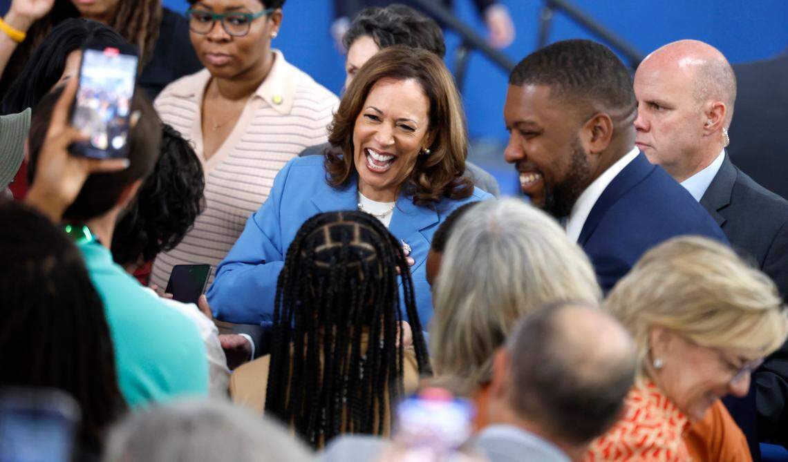 Vice President and Democratic nominee for president Kamala Harris greets supporters after speaking at Wake Tech Community College’s North Campus in Raleigh, N.C., Friday, August 16, 2024. Durham Mayor Leonardo Williams is to the right.