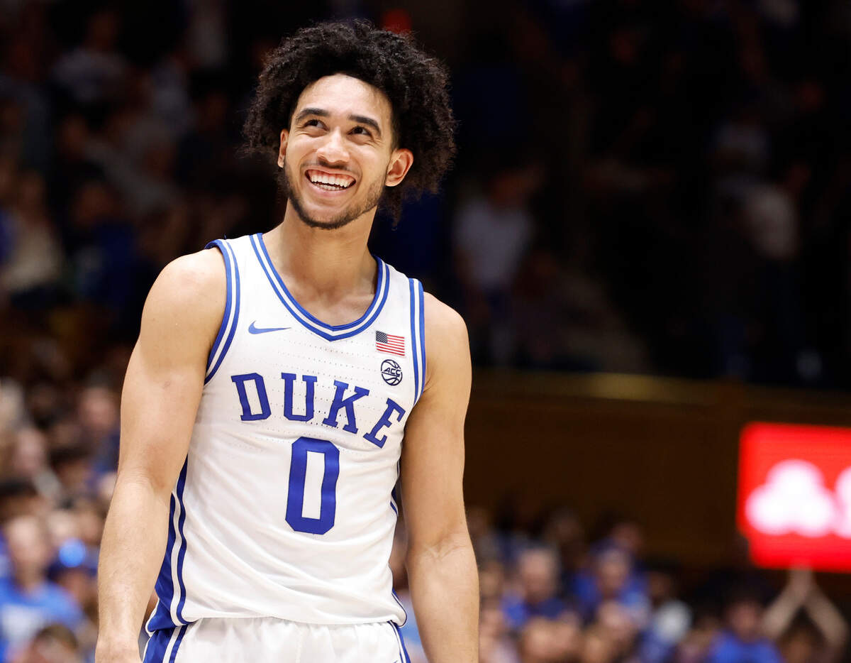 Duke’s Jared McCain (0) smiles as he walks off the court after Duke’s 80-65 victory over Boston College at Cameron Indoor Stadium in Durham, N.C., Saturday, Feb. 10, 2024.