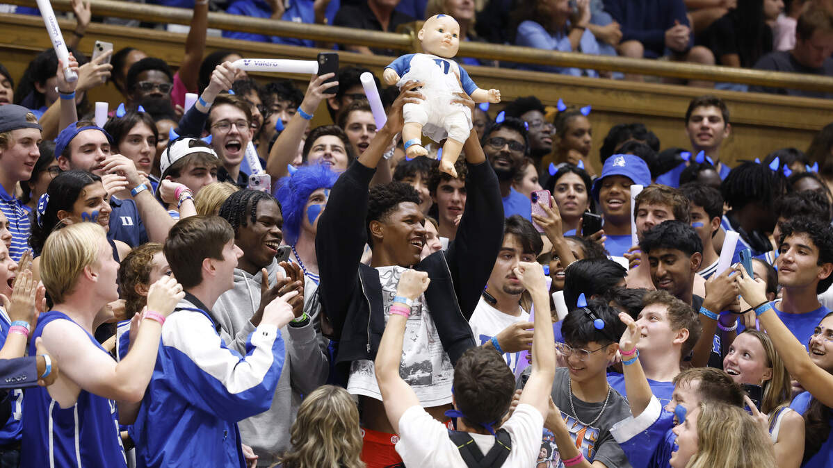 Cameron Williams hangs out with the Cameron Crazies during Duke basketball’s Countdown to Craziness at Cameron Indoor Stadium in Durham, N.C., Friday, Oct. 3, 2025.